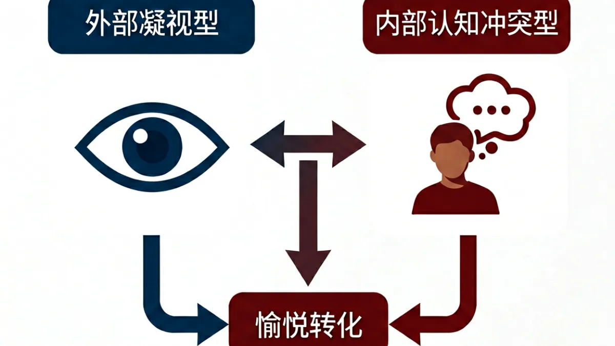 耻悦人妻内容中羞耻心理机制示意图，展示外部凝视与内部认知冲突两条路径的交叉影响关系
