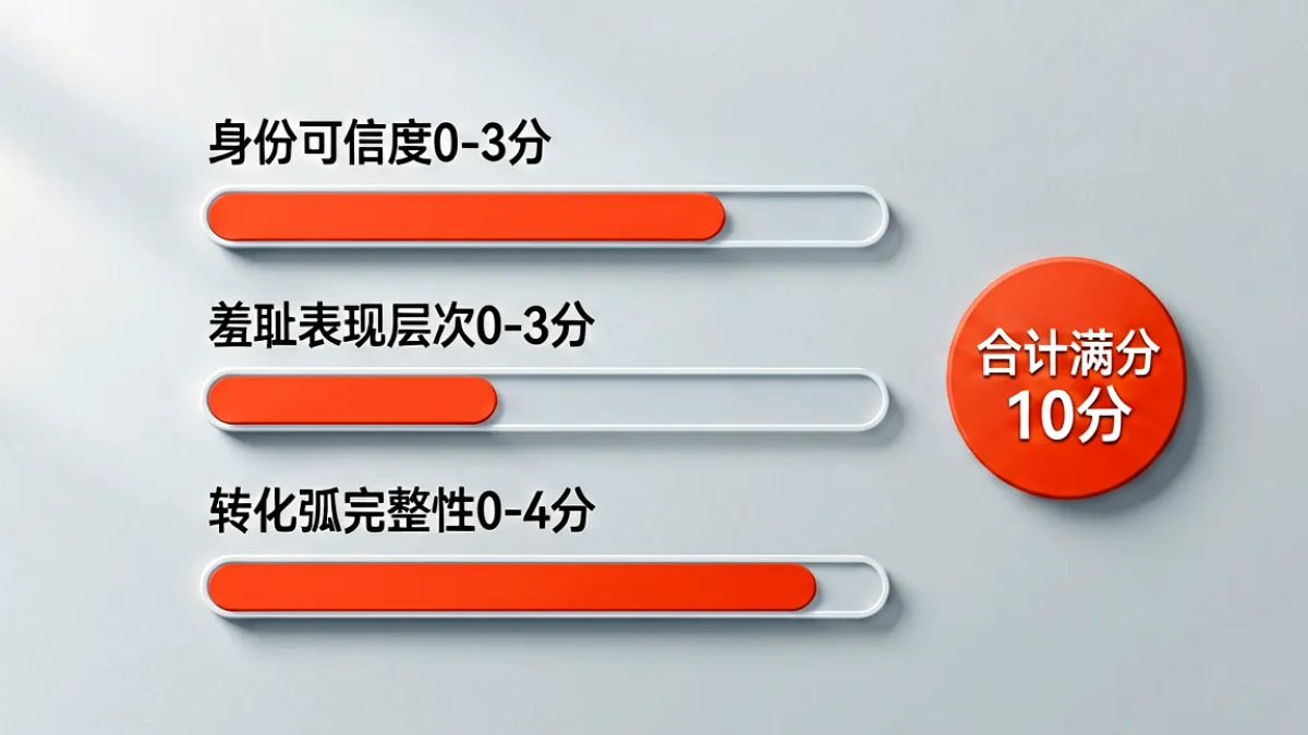 耻悦人妻作品评分框架图表，显示身份可信度、羞耻表现层次、转化弧完整性三个维度的评分示意