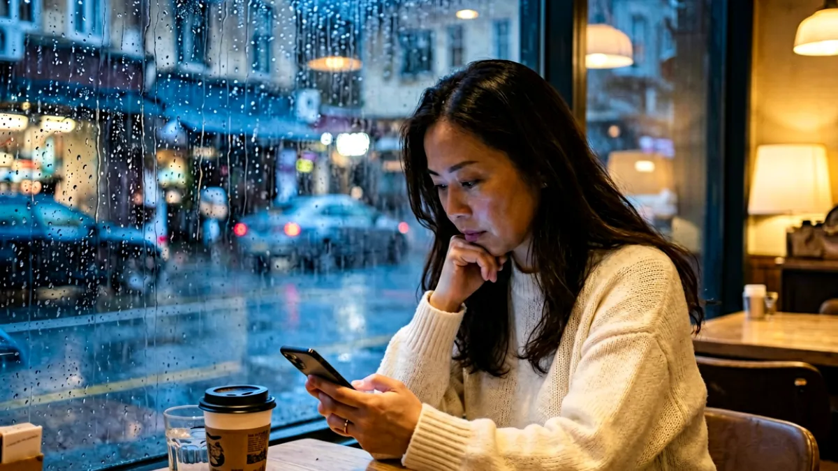 耻悦人妻系列作品截图，展示成熟女性角色在雨夜咖啡馆的孤独等待场景
